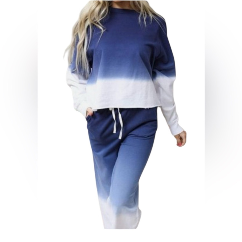 ZENANA Cotton Ombré French Terry 2 Piece Pant Set Navy Various Sizes
